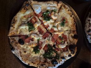 Holy Diver (prawns, bacon, garlic, cherry chillies,+ gremolata) $29.00: very enjoyable, love the gremolata, prawns, and garlic oil smell at Red Sparrow Pizza in Collingwood