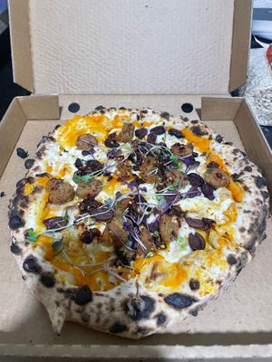 pumpkin, sausage, olive and chilli crisp. Amazing! at Red Sparrow Pizza in Collingwood