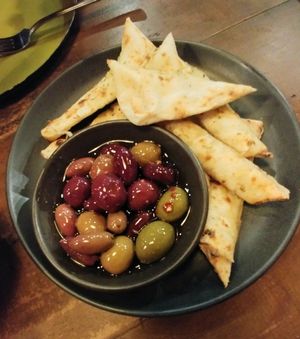 Olives and garlic pizza bread at Red Sparrow Pizza in Collingwood