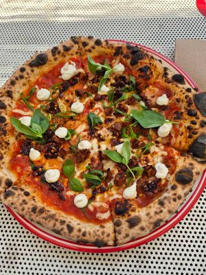 nduja and ricotta pizza $29.00: good mostly tastes of grumpy lady chilli oil at Red Sparrow Pizza in Fitzroy