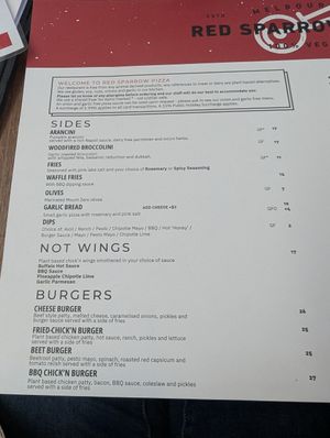 Menu at Red Sparrow Pizza in Fitzroy