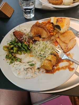 Taken after I'd mostly eaten--onion rings, sweet potato fries, curry wurst, braised celeriac at Tibits - Falkenstrasse in Zurich