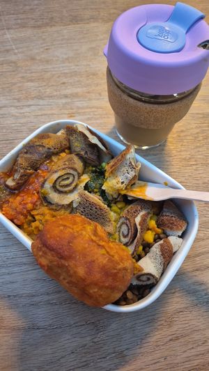 Merkamo special bowl. And masala chai is from Chai Guys few stalls away at Merkamo Ethiopian in East London