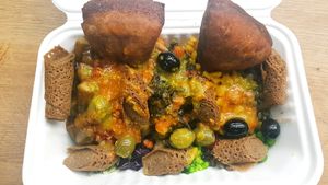 Delicious plate full of everything at Merkamo Ethiopian in East London