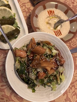 Fattoush salad, humus and stuffed wine leavess  at Restaurante Beirut in Gran Canaria