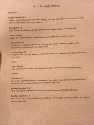 Vegan menu at Khom Fai in Macomb Township