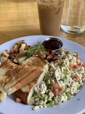 Avocado Scramble (with tofu), and iced coffee with oat milk  at Orphan Breakfast House in Sacramento