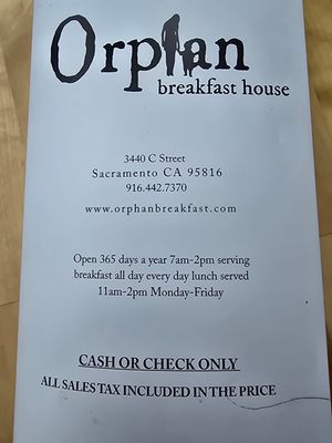 New (omni) menu at Orphan Breakfast House in Sacramento