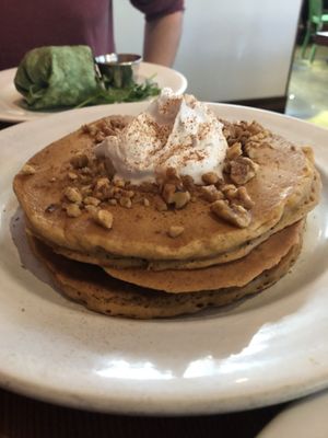 Foreground: pumpkin pancakes. Background: 1/2 breakfast burrito. at Orphan Breakfast House in Sacramento