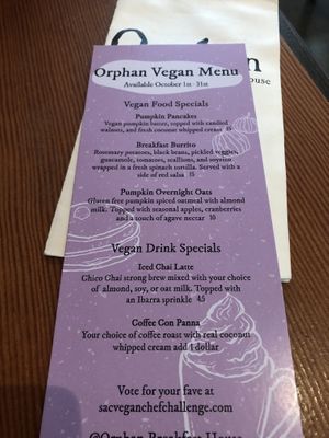 Vegan Chef Challenge Menu at Orphan Breakfast House in Sacramento