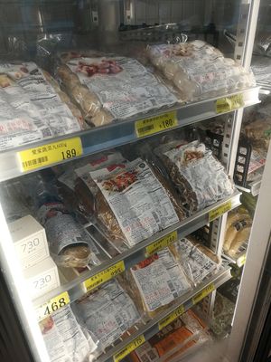 freezer containing vegan faux meat products in organic store (Guofu 10th street) at Farmers' Market '花蓮市農會超市' in Hualien