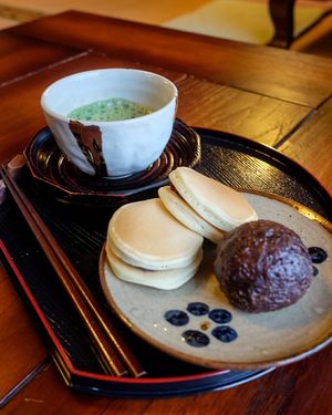 Vegan dorayaki and red bean rice ball at Miyabichaya in Okinawa