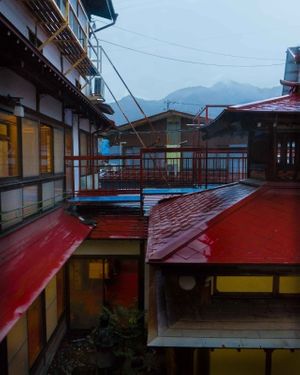 View from a guest room overlooking the Japanese style court yard and one of the bathhouses.  at Yudanaka Seifuso in Yamanouchi