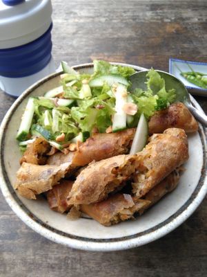 Noodles and fried spring rolls bowl at Thuc Duong Bao An - Bao An Macrobiotic in Da Nang