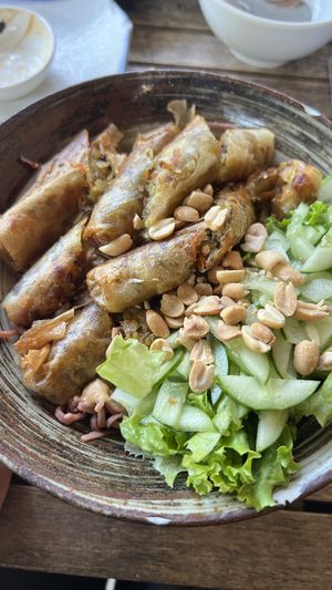 Noodles and spring rolls (comes with peanut sauce)  at Thuc Duong Bao An - Bao An Macrobiotic in Da Nang