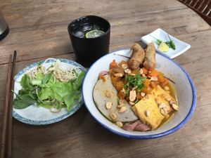 My quang and lemonade.  at Thuc Duong Bao An - Bao An Macrobiotic in Da Nang