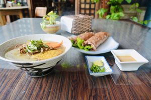 Noodle soup and fresh spring rolls  at Thuc Duong Bao An - Bao An Macrobiotic in Da Nang
