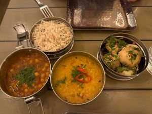 Tea chickpeas , Dahl, rice, yoghurt chaat  at Mowgli - Water St in Liverpool