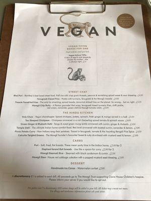 vegan menu at Mowgli - Water St in Liverpool
