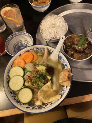 Wonton soup, aubergine side dish, extra noodles  at 1990 Vegan Living in Berlin