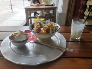 I was too hungry I almost forgot to take a pic! These are the first item in the menu, the bao taco, the Udon bowl and the pineapple with coconut milk drink, Thom Dua :) at 1990 Vegan Living in Berlin