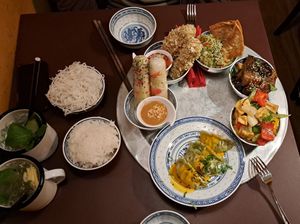 Summer rolls, rice crispy tofu, won tons w/ guacamole, aubergine, veg bowl, shaolin pockets at 1990 Vegan Living in Berlin
