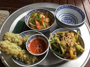 cripy tofu, mango salad, caramelised pears at 1990 Vegan Living in Berlin