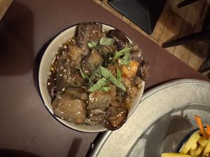 "Rausch der Sinne“ (seasoned eggplants, tofu and shiitake).  at 1990 Vegan Living in Berlin