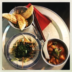 Delicious meal at 1990! Dim Sum, La Lot (bottom left) and Bi Kho (bottom right) at 1990 Vegan Living in Berlin