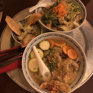 Won ton soup, dim sums, green curry  at 1990 Vegan Living in Berlin