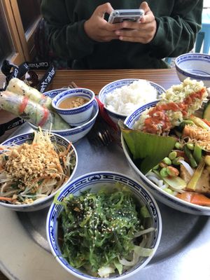 Papaya salad, spring rolls w/ peanut hoisin sauce, rice, vegan bowl, wakame salad  at 1990 Vegan Living in Berlin