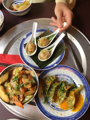 The pear dish is huge compared to the others (wasabi tempura balls and dumplings in mango sauce) at 1990 Vegan Living in Berlin