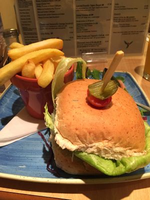 vegan burger chips & salad at The Retreat Cafe and Tea Rooms in Grassington