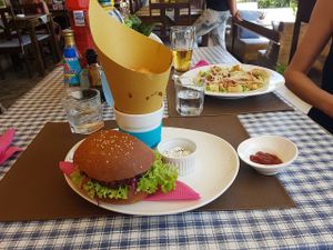 vegan burger and nice tasting fries + vegan mayo at By Valeria in Santa Maria