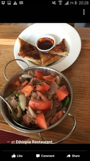 Starter samosa and timatim fitfit at Ethiopia Vegan Restaurant in Toronto