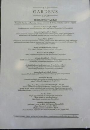 breakfast menu at The Gardens Club in Brisbane
