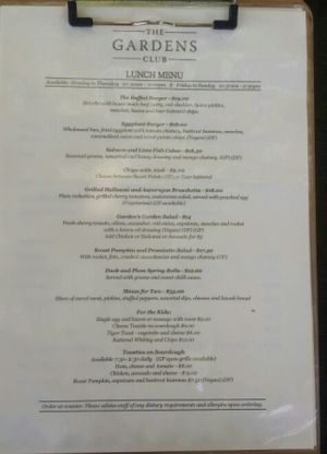 lunch menu at The Gardens Club in Brisbane