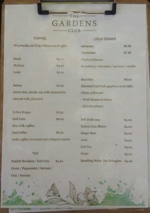 drinks menu at The Gardens Club in Brisbane