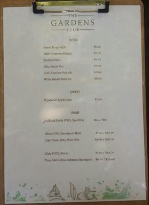 beer/wine menu at The Gardens Club in Brisbane