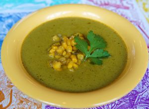 Winter seasonal soups rotate weekly, often vegetarian and vegan, such as this vegan cream of poblano and corn soup. at Mi Mero Mole in Portland