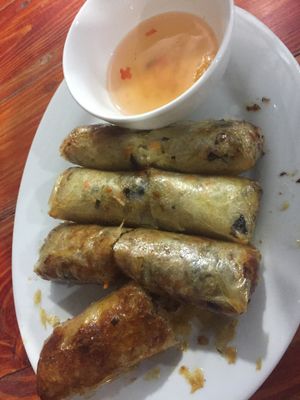 Fried veggie spring rolls with soy dip at Yummy Restaurant in Cat Ba