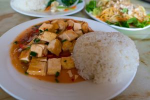 Red curry with rice (vegan) at Yummy Restaurant in Cat Ba