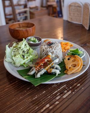 Vegan plate with tempura fish at Imacoco in Okinawa