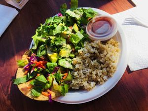 Bean tostada with green chile rice at California Homemades To Go in Escondido