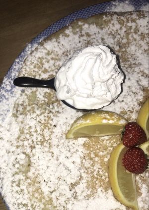 Vegan cream & lemon, also got a dairy free sambuca coffee at Double Dutch Pancake House in York