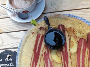 Vegan Amsterdammer pancake (vegan bacon, apple, syrop) at Double Dutch Pancake House in York