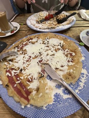 Vegan fakon, mushroom and vegan cheese, Mrs had something sweet with banana nuts and vegan chocolate.  at Double Dutch Pancake House in York