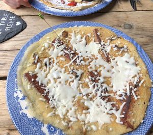 breakfast pancake with facon mushrooms and vegan cheese  at Double Dutch Pancake House in York