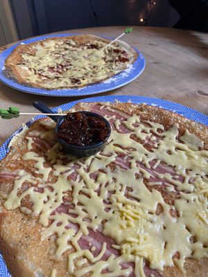 Vegan cheese, bacon & caramelised onion pancake!   at Double Dutch Pancake House in York