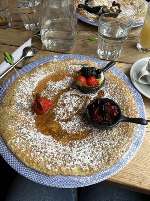 Pancake with berry compote, strawberries and yoghurt   at Double Dutch Pancake House in York